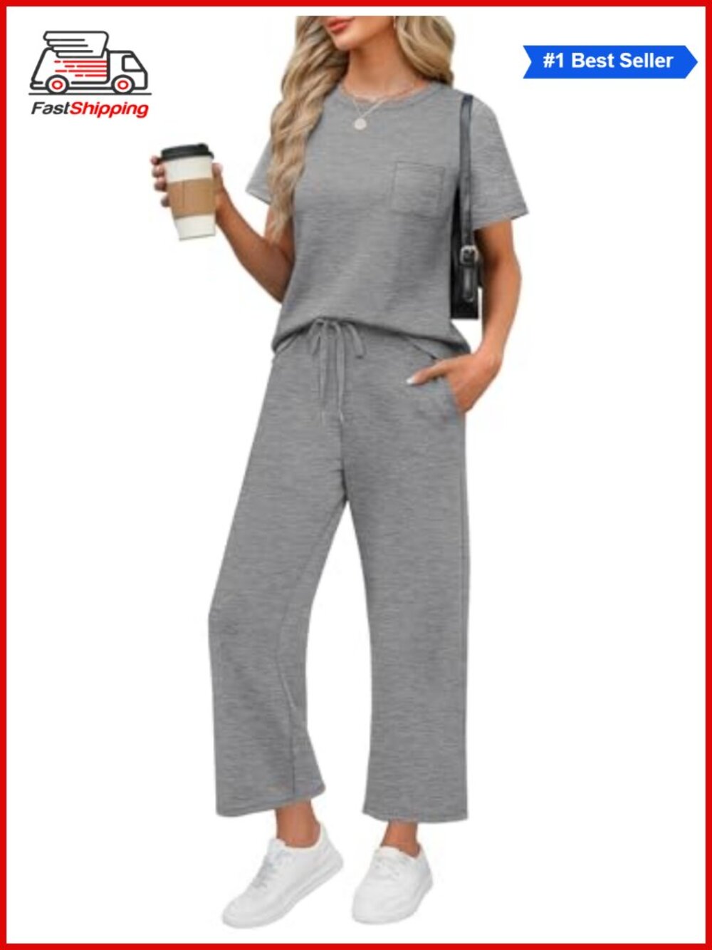 ✨ WIHOLL 2 Piece Set Crew Neck Short Sleeve Wide Leg Crop Pants Lounge Set